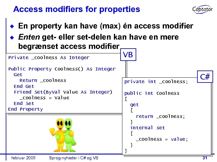 Access modifiers for properties En property kan have (max) én access modifier Enten get-