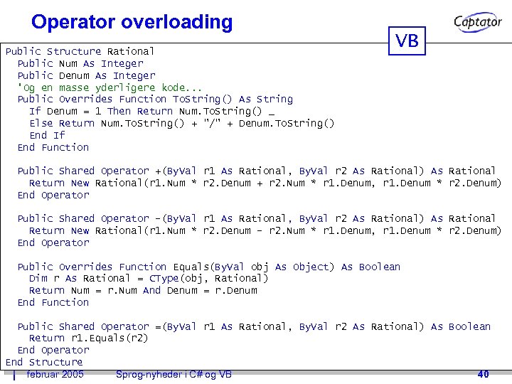 Operator overloading Public Structure Rational Public Num As Integer Public Denum As Integer 'Og
