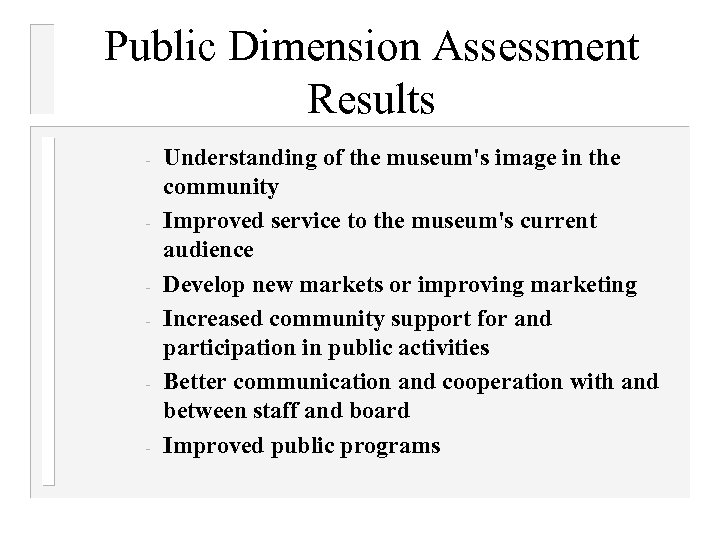 Public Dimension Assessment Results - Understanding of the museum's image in the community Improved