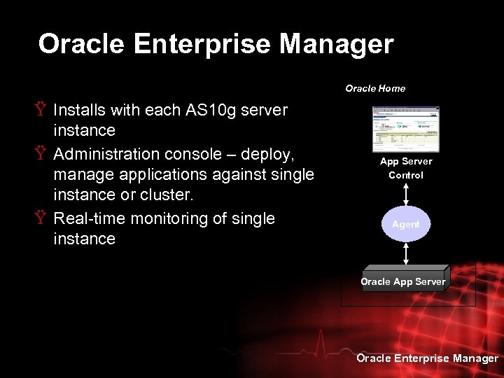 Oracle Enterprise Manager Oracle Home Ÿ Installs with each AS 10 g server instance