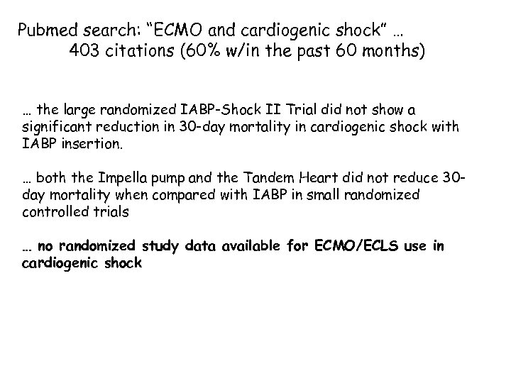 Pubmed search: “ECMO and cardiogenic shock” … 403 citations (60% w/in the past 60