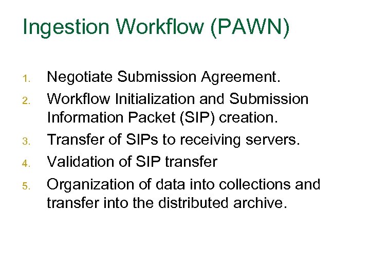 Ingestion Workflow (PAWN) 1. 2. 3. 4. 5. Negotiate Submission Agreement. Workflow Initialization and