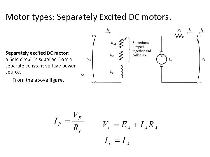 Motor types: Separately Excited DC motors. Separately excited DC motor: a field circuit is