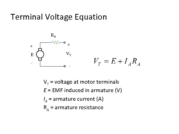 Terminal Voltage Equation RA + + E VT - - VT = voltage at