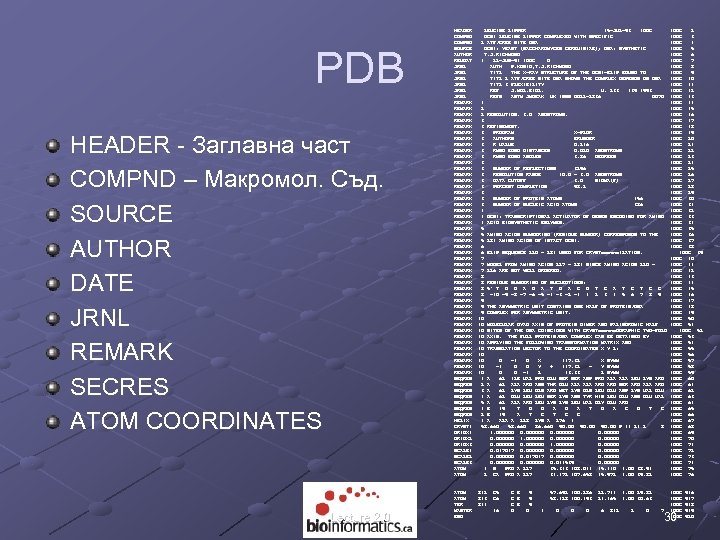 PDB HEADER - Заглавна част COMPND – Макромол. Съд. SOURCE AUTHOR DATE JRNL REMARK