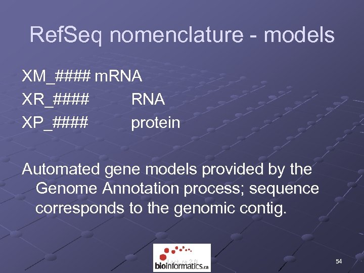 Ref. Seq nomenclature - models XM_#### m. RNA XR_#### RNA XP_#### protein Automated gene