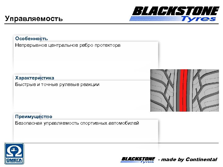 Управляемость Особенность Непрерывное центральное ребро протектора Характеристика Быстрые и точные рулевые реакции Преимущество Безопасная
