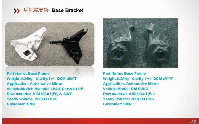 后视镜支架 Base Bracket Part Name: Base Frame Weight: 0. 34 kg Cavity: 1+1 DCM