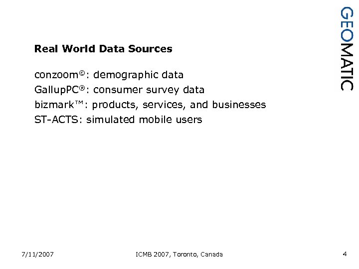 Real World Data Sources conzoom©: demographic data Gallup. PC®: consumer survey data bizmark™: products,