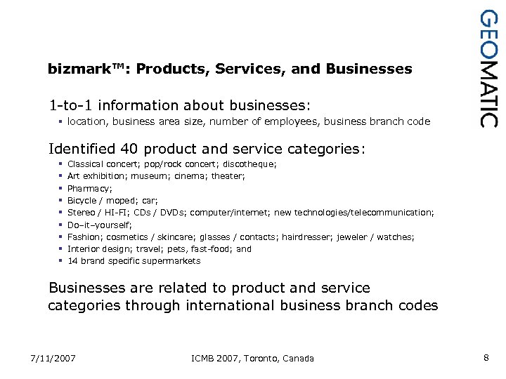 bizmark™: Products, Services, and Businesses 1 -to-1 information about businesses: § location, business area