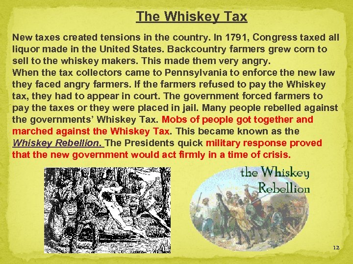 The Whiskey Tax New taxes created tensions in the country. In 1791, Congress taxed