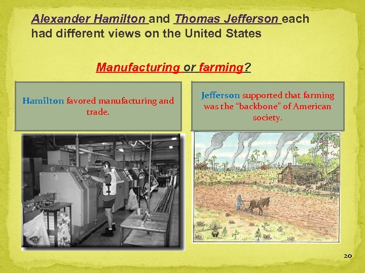 Alexander Hamilton and Thomas Jefferson each had different views on the United States Manufacturing