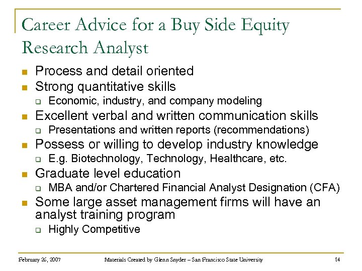 Career Advice for a Buy Side Equity Research Analyst n n Process and detail