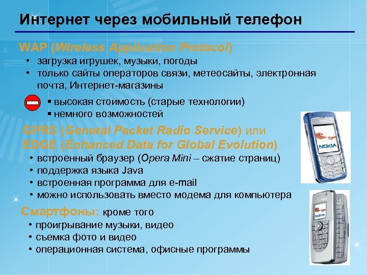 Интернет через мобильный телефон WAP (Wireless Application Protocol) • загрузка игрушек, музыки, погоды •