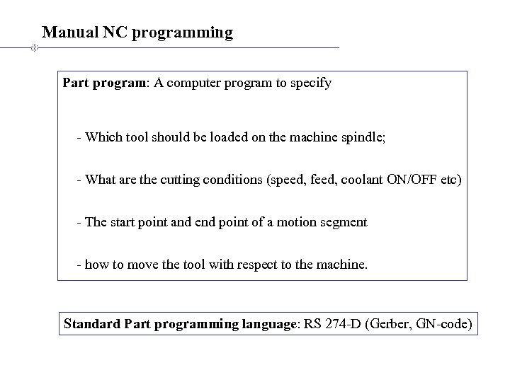 Manual NC programming Part program: A computer program to specify - Which tool should