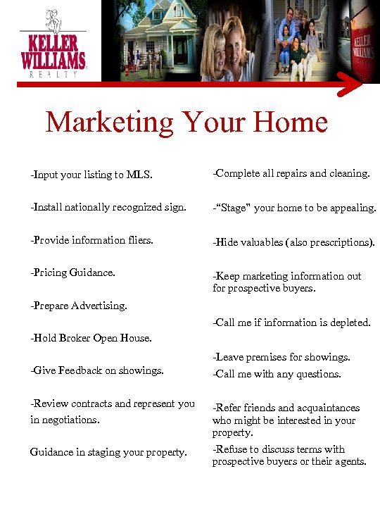 Marketing Your Home -Input your listing to MLS. -Complete all repairs and cleaning. -Install