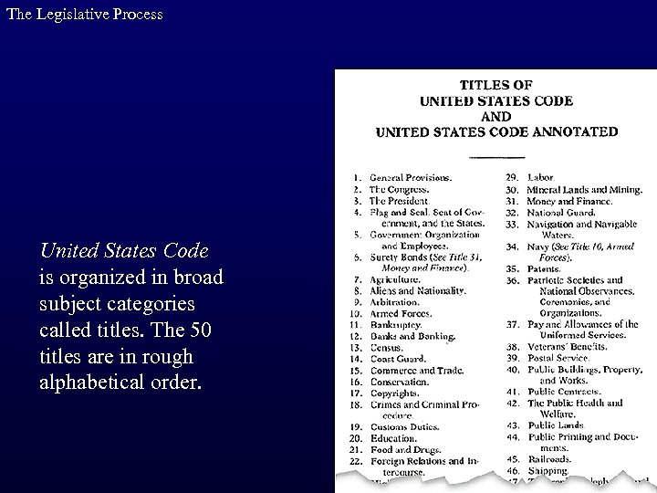 The Legislative Process United States Code is organized in broad subject categories called titles.