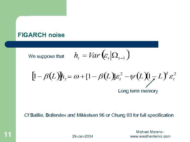 FIGARCH noise Given the conditional variance We suppose that Long term memory Cf Baillie,
