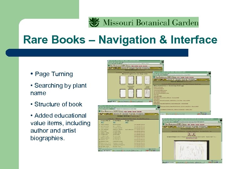 Rare Books – Navigation & Interface • Page Turning • Searching by plant name