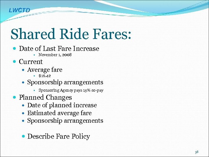 LWCTD Shared Ride Fares: Date of Last Fare Increase November 1, 2008 Current Average