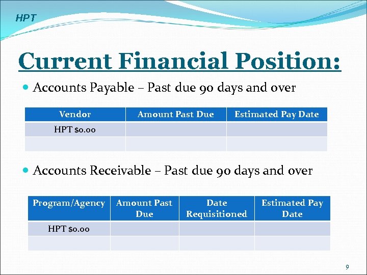 HPT Current Financial Position: Accounts Payable – Past due 90 days and over Vendor