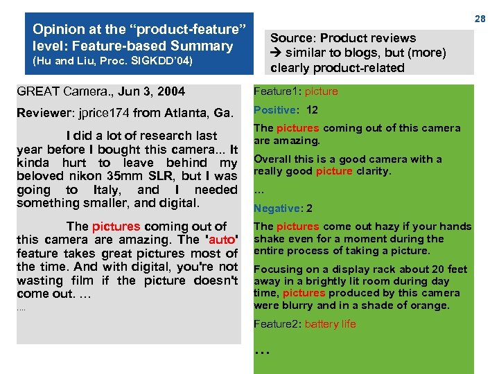 28 Opinion at the “product-feature” level: Feature-based Summary Source: Product reviews similar to blogs,
