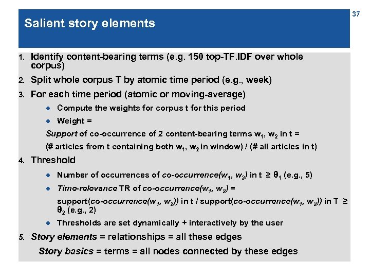 Salient story elements 1. Identify content-bearing terms (e. g. 150 top-TF. IDF over whole