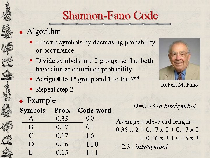 Shannon-Fano Code u Algorithm § Line up symbols by decreasing probability of occurrence §