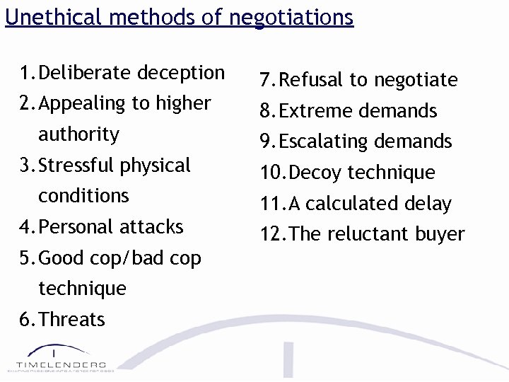 Unethical methods of negotiations 1. Deliberate deception 7. Refusal to negotiate 2. Appealing to