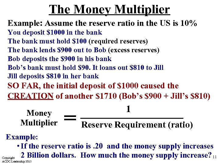 The Money Multiplier Example: Assume the reserve ratio in the US is 10% You