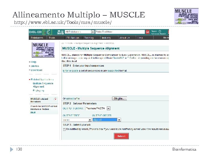 Allineamento Multiplo – MUSCLE http: //www. ebi. ac. uk/Tools/msa/muscle/ 130 Bioinformatica 