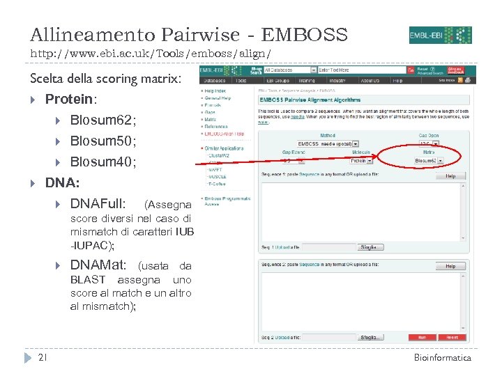 Allineamento Pairwise - EMBOSS http: //www. ebi. ac. uk/Tools/emboss/align/ Scelta della scoring matrix: Protein: