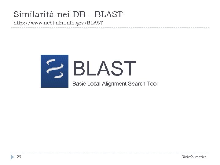 Similarità nei DB - BLAST http: //www. ncbi. nlm. nih. gov/BLAST Basic Local Alignment