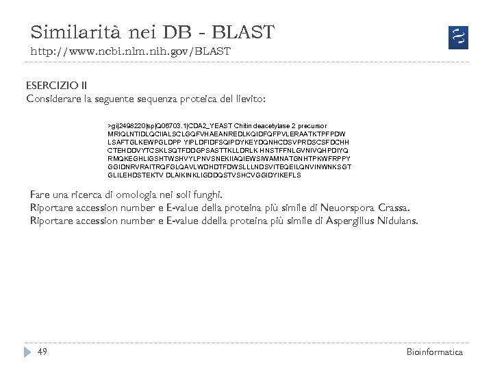 Similarità nei DB - BLAST http: //www. ncbi. nlm. nih. gov/BLAST ESERCIZIO II Considerare