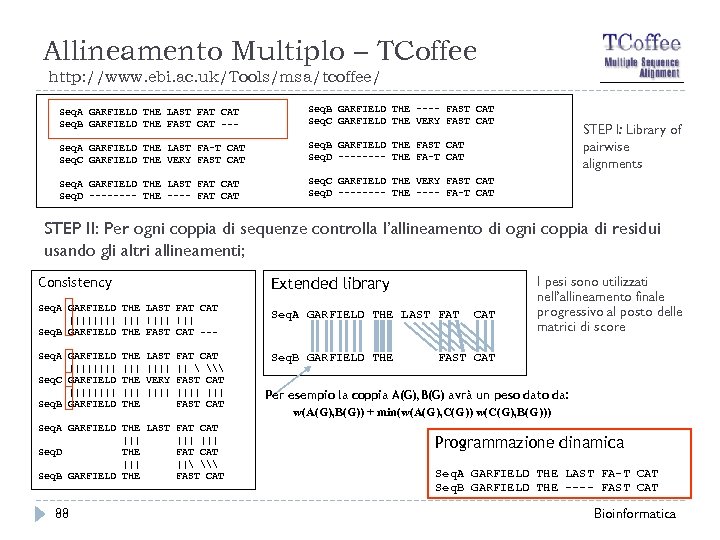 Allineamento Multiplo – TCoffee http: //www. ebi. ac. uk/Tools/msa/tcoffee/ Seq. A GARFIELD THE LAST