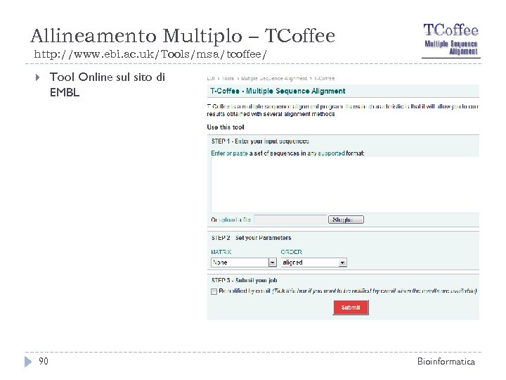 Allineamento Multiplo – TCoffee http: //www. ebi. ac. uk/Tools/msa/tcoffee/ 90 Tool Online sul sito