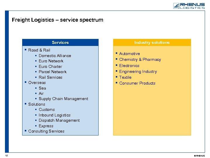 Freight Logistics – service spectrum Services § Road & Rail § Domestic Alliance §