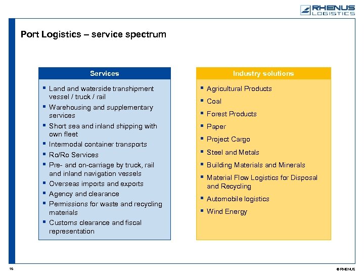 Port Logistics – service spectrum Services § Land waterside transhipment § § § §
