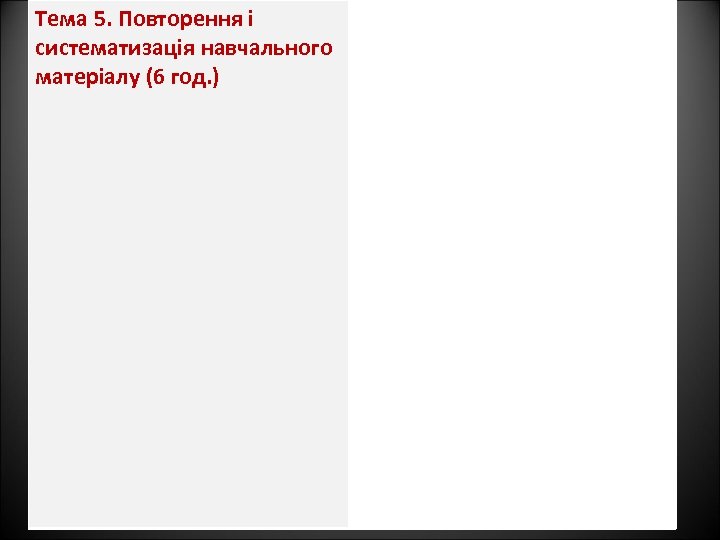 Тема 5. Повторення і систематизація навчального матеріалу (6 год. ) 
