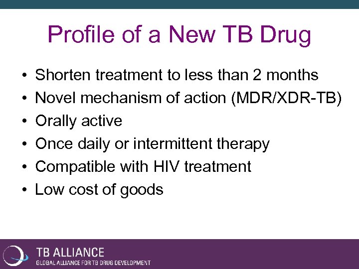 Profile of a New TB Drug • • • Shorten treatment to less than