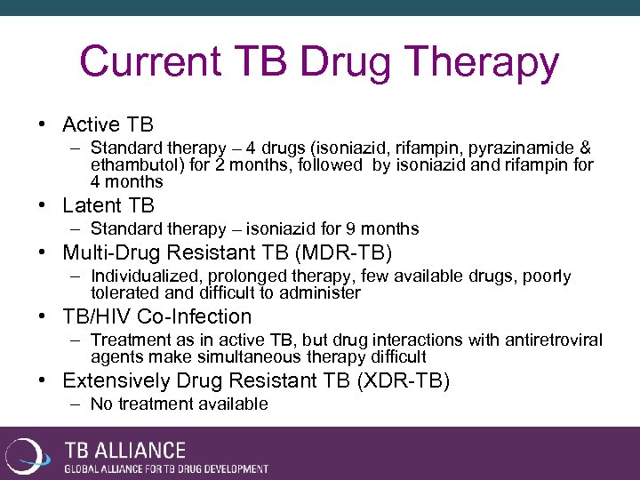 Current TB Drug Therapy • Active TB – Standard therapy – 4 drugs (isoniazid,