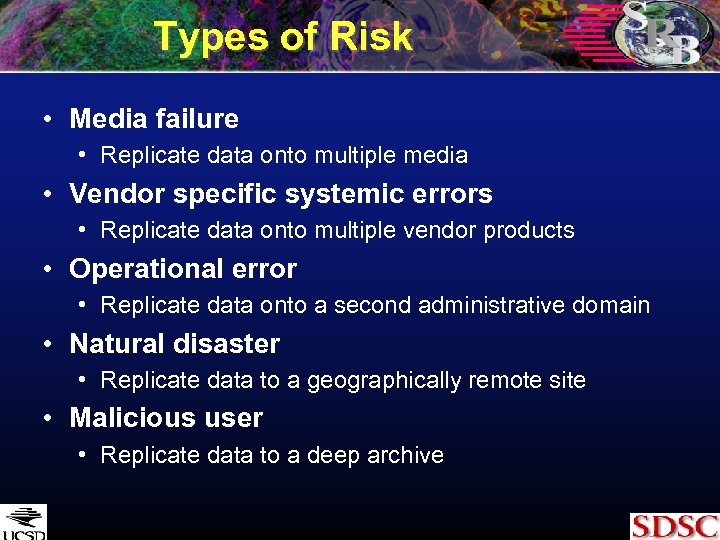 Types of Risk • Media failure • Replicate data onto multiple media • Vendor