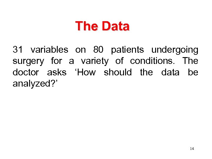 The Data 31 variables on 80 patients undergoing surgery for a variety of conditions.