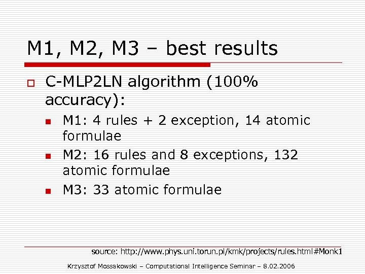 M 1, M 2, M 3 – best results o C-MLP 2 LN algorithm