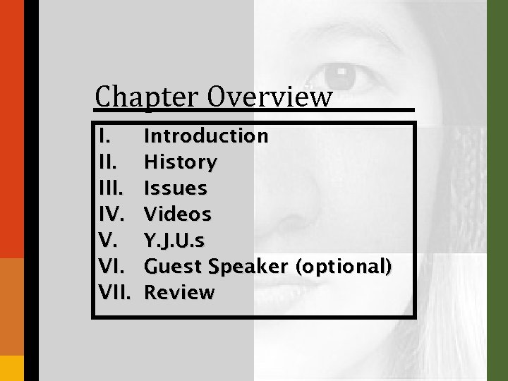 Chapter Overview I. III. IV. V. VII. Introduction History Issues Videos Y. J. U.