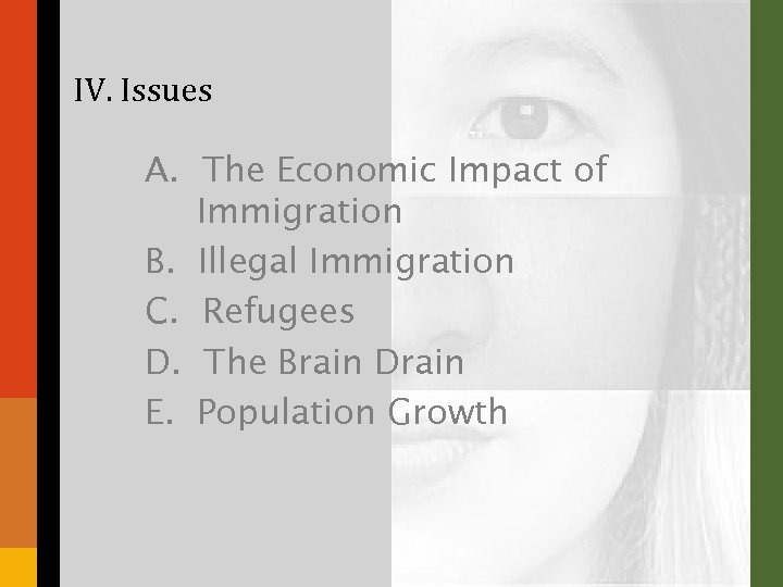 IV. Issues A. The Economic Impact of Immigration B. Illegal Immigration C. Refugees D.