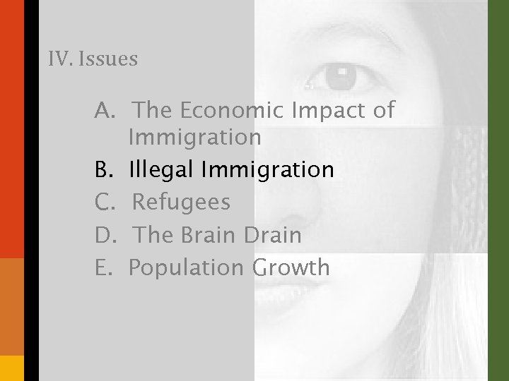 IV. Issues A. The Economic Impact of Immigration B. Illegal Immigration C. Refugees D.