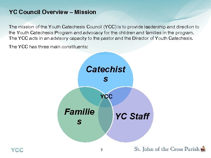 YC Council Overview – Mission The mission of the Youth Catechesis Council (YCC) is