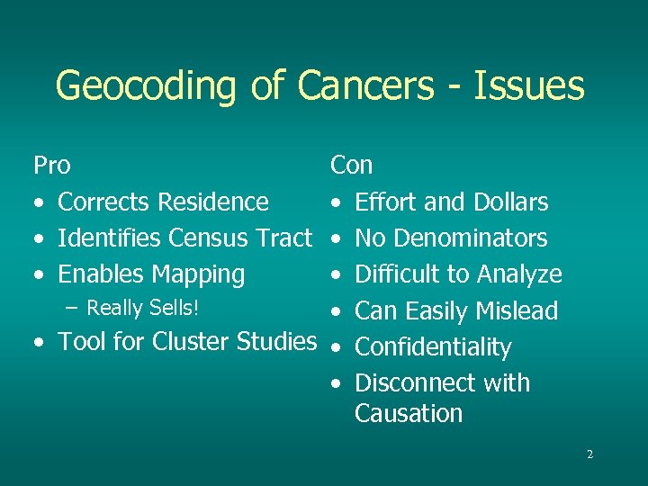 Geocoding of Cancers - Issues Pro • Corrects Residence • Identifies Census Tract •