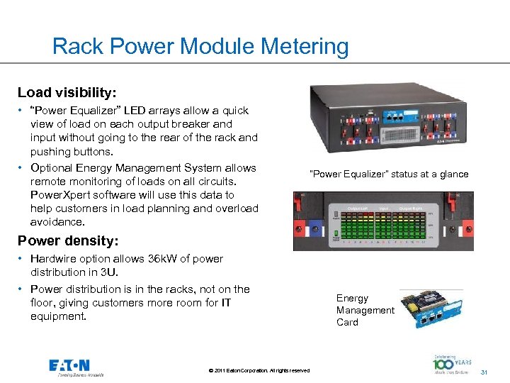 Rack Power Module Metering Load visibility: • “Power Equalizer” LED arrays allow a quick